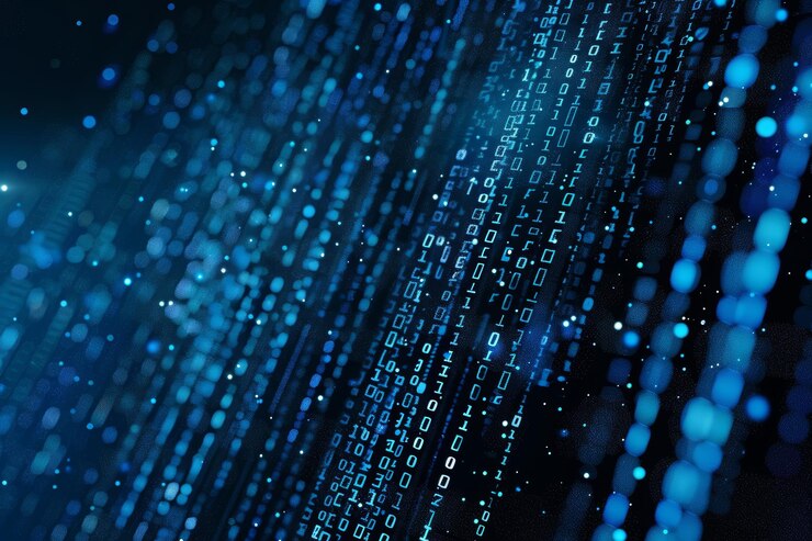 Foto digitaler datenstrom aus blauen zahlen und code, der im dunklen raum fließt, abstrakter hintergrund für technologie oder digitales informationskonzept mit binären zahlen auf schwarzem bildschirm