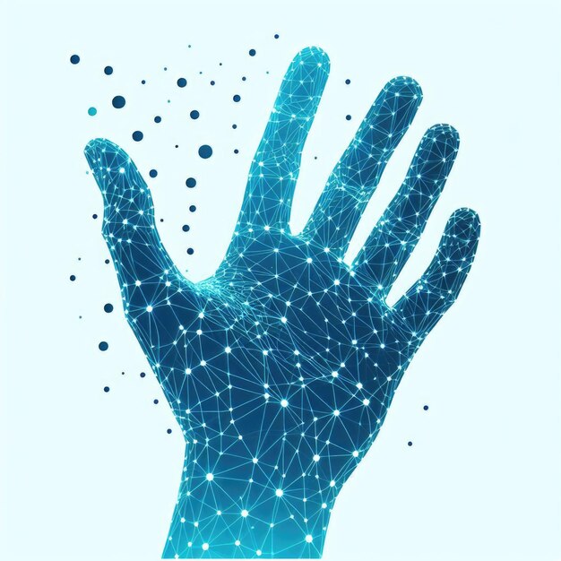 Digitaler Drahtrahmen einer menschlichen Hand, die nach oben reicht, Figuren, die aus blauen digitalen Partikeln und Linien bestehen