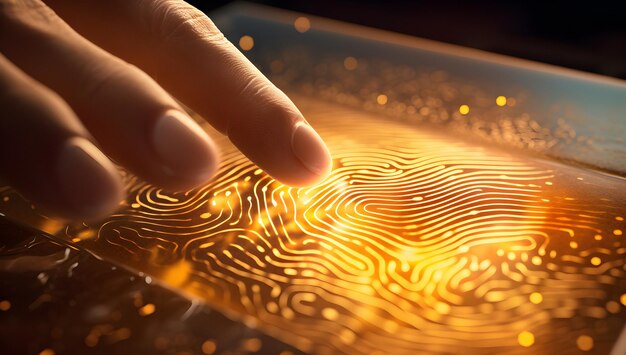 Foto digitaler fingerabdruck-scanner, der die sicherheit verstärkt, biometrie-identitätsdaten-schutz, scan-verifizierung