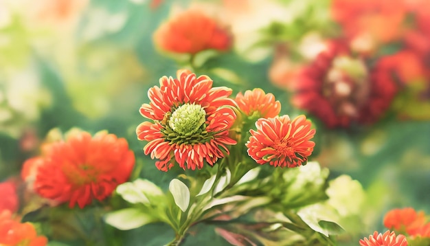 Digitaler Kunsthintergrund mit frischen Blumen und Chrysanthemen in rotem und orangefarbenem Laub