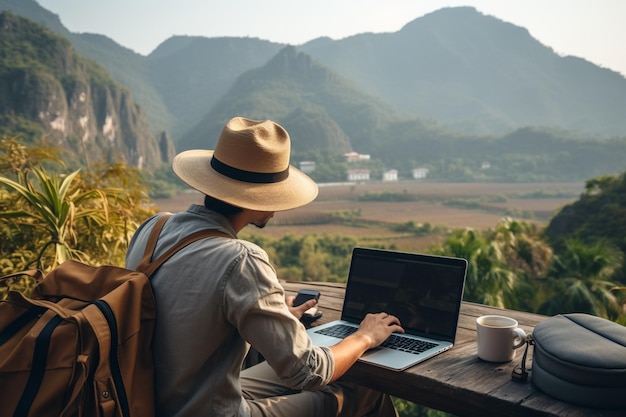 Foto digitaler nomade, der an einem laptop mit atemberaubendem bergblick arbeitet, erstellt mit generativer ki