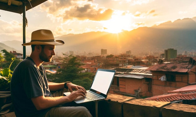 Digitaler Nomaden-Columbia-Computer-Rucksack-Reise-Typ-Mann, der aus der Ferne arbeitet, ein Online-Arbeitsjob.