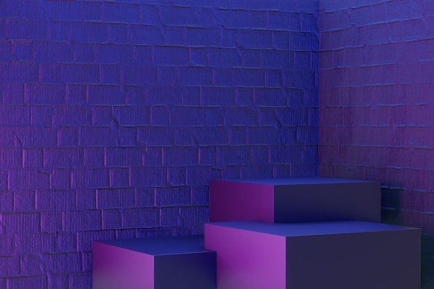 Digitaler Produkthintergrund. Drei schwarzes Blockpodium reflektiert auf dunkelblauem rosa Ziegelsteinhintergrund. 3D-Darstellungs-Rendering.