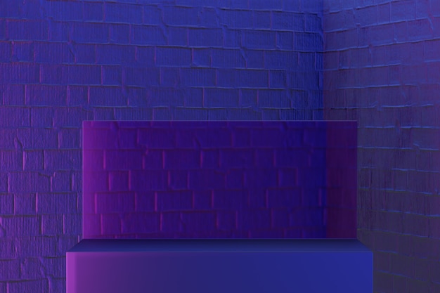 Digitaler Produkthintergrund. Schwarzes Blockpodium mit Glas reflektiert auf dunkelblauem rosa Ziegelsteinhintergrund. 3D-Darstellungs-Rendering.