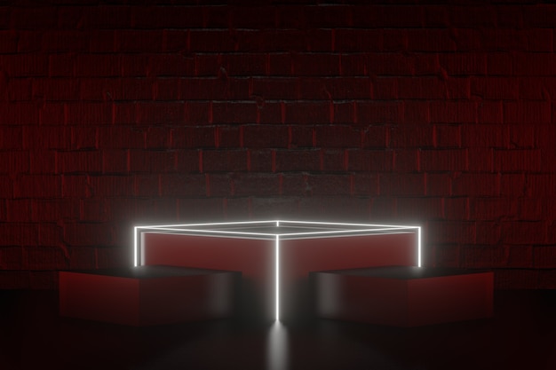 Digitaler Produkthintergrund. Schwarzes Podium mit drei Blöcken mit LED-Licht reflektiert auf dunkelrotem Ziegelsteinhintergrund. 3D-Darstellungs-Rendering.