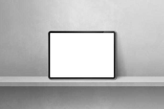 Digitaler tablet-pc auf grauem wandregal. horizontale hintergrundfahne. 3d-illustration