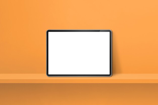 Digitaler Tablet-PC auf orangefarbenem Wandregal Horizontales Hintergrundbanner