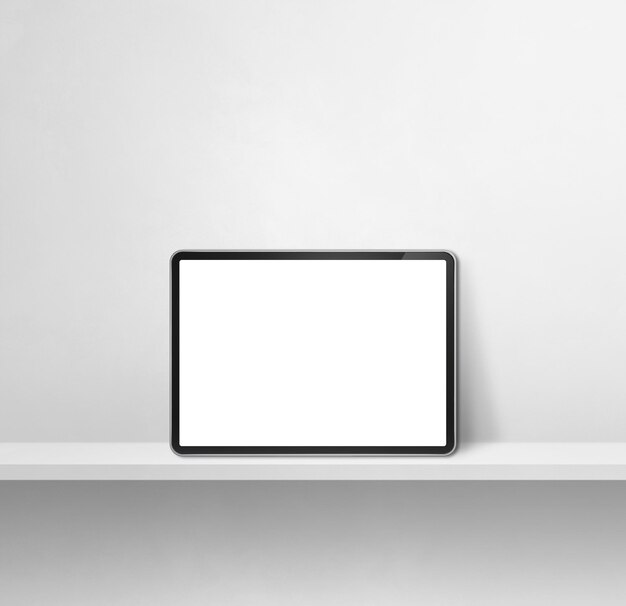 Digitaler Tablet-PC auf weißem Wandregal. Quadratischer Hintergrundbanner. 3D-Illustration