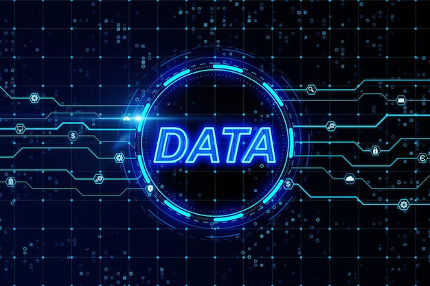 Digitaler Technologie-Hintergrund mit blauen Neonlinien und dem Wort DATA Konzept des Cyberspace auf dunklem Hintergrund 3D-Rendering