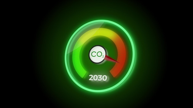 Digitales 3D-Dashboard des CO2-Pegels in Prozent Erhöhung des CO2-Pegels bis 2030 Politikanimationskonzept auf schwarzem Hintergrund