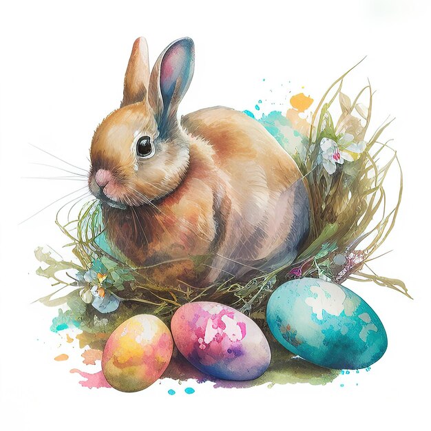 Digitales Aquarell Osterhase mit Ostereiern