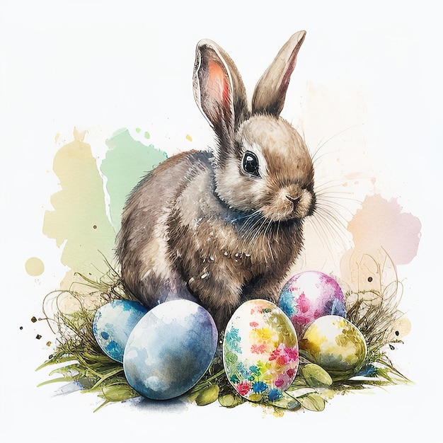 Digitales Aquarell Osterhase mit Ostereiern