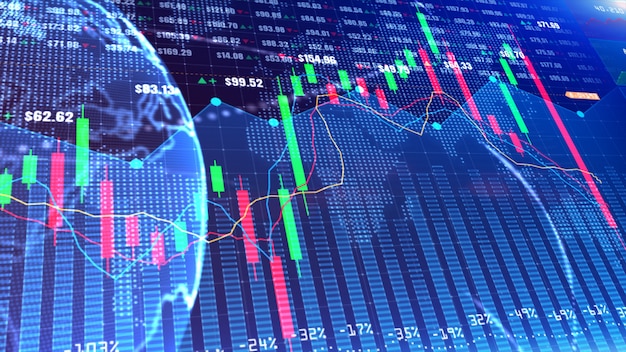 Digitales Börsen- oder Forex-Handelsdiagramm und Candlestick-Diagramm, geeignet für Finanzinvestitionen. Finanzinvestitionstrends für den geschäftlichen Hintergrund