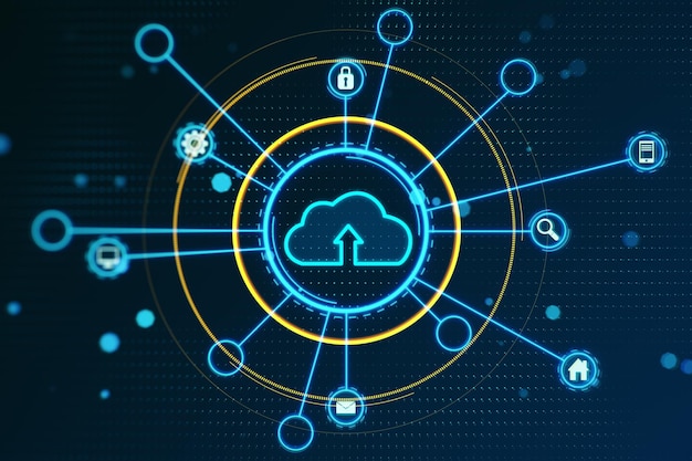 Digitales Cloud-Computing-Konzept mit Konnektivitätssymbolen auf marineblauem Hintergrund, 3D-Rendering
