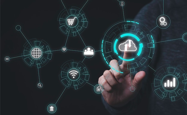 Digitales Design einer Hand, die ein Wolkensymbol auf einer Infografik berührt