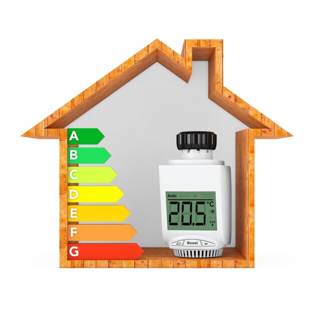 Digitales drahtloses Heizkörper-Thermostatventil mit Energieeffizienz-Rating-Diagramm in abstrakten ökologischen Holzhaus auf weißem Hintergrund. 3D-Rendering