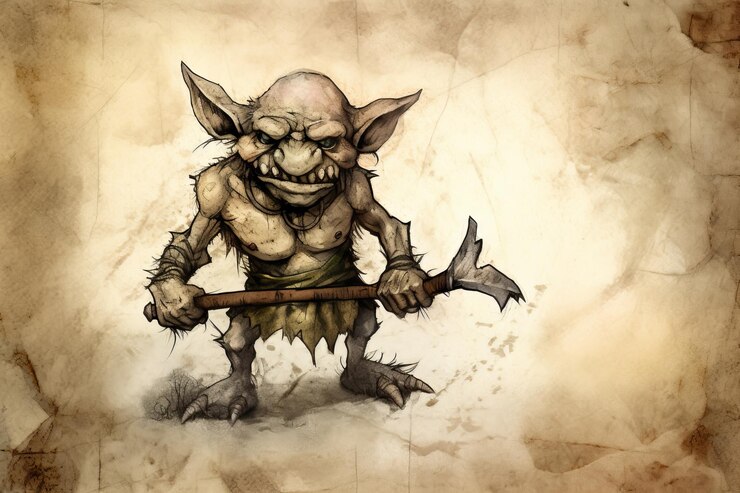 Foto digitales gemälde einer kobold-kreatur, die einem nagetier ähnelt, das eine primitive rüstung trägt und waffen schwingt, isoliert auf weißem hintergrund, fantasy-illustration, generative ki