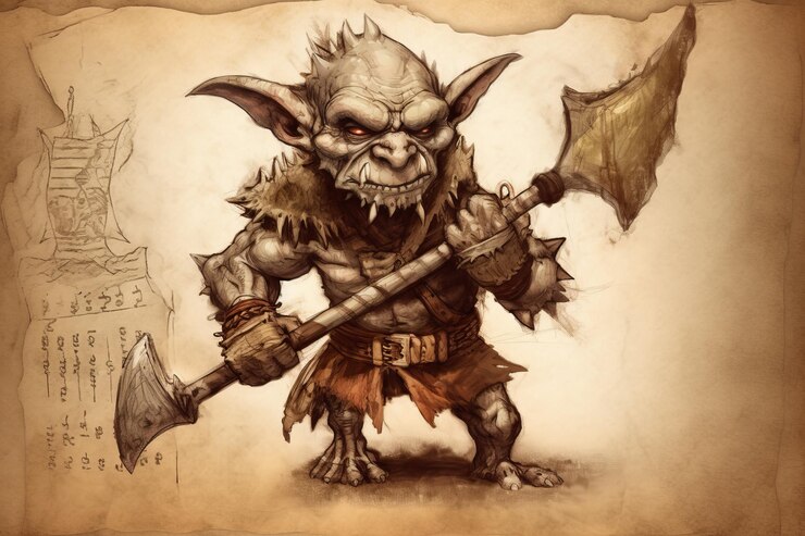 Foto digitales gemälde einer kobold-kreatur, die einem nagetier ähnelt, das eine primitive rüstung trägt und waffen schwingt, isoliert auf weißem hintergrund, fantasy-illustration, generative ki