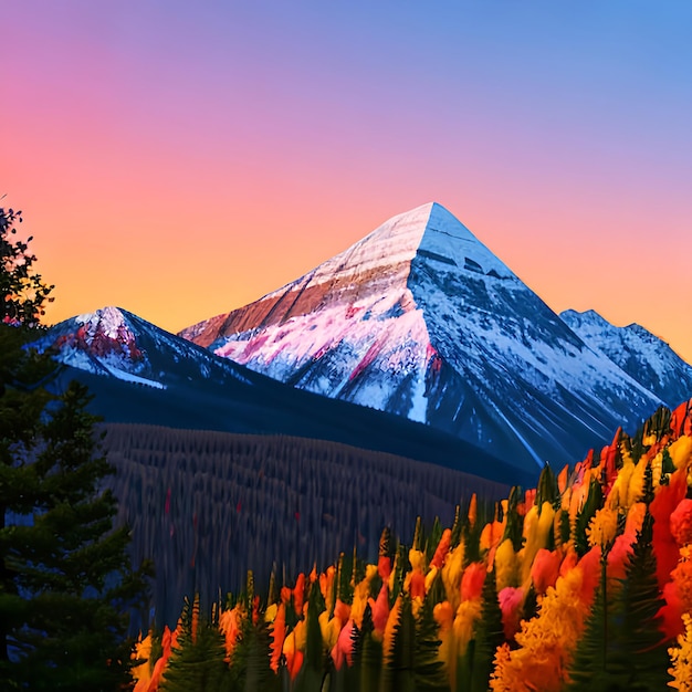 Digitales Gemälde eines Berges mit einem bunten Baum im Vordergrund