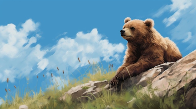 Digitales Gemälde eines Braunbären, der auf einem Felsen ruht