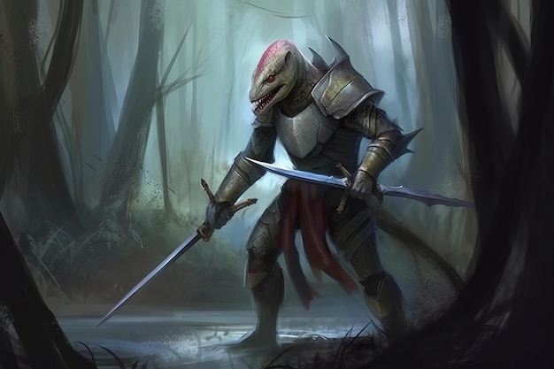 Digitales Gemälde eines Echsenkriegers mit einem großen Schwert, der auf der Jagd nach einem tödlichen Raubtier durch einen tückischen Sumpf navigiert. Generative KI
