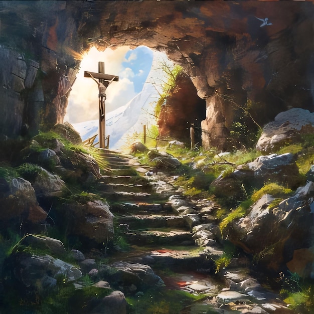 Digitales Gemälde eines Holzkreuzes am Eingang einer Höhle in den Bergen
