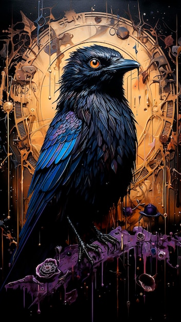 Digitales Gemälde eines Rabenvögels auf dem Hintergrund einer alten Uhr Abstraktes Halloween-Konzept