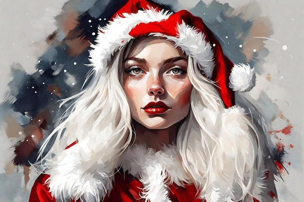 Digitales Gemälde eines schönen Mädchens in Weihnachtsmannskleidung mit roten Lippen