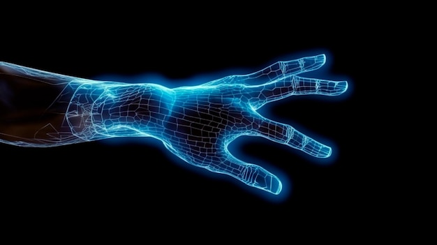 Foto digitales handhologramm auf dunklem hintergrund mit kopierraum, neuronale netzwerkverbindung, generative ki-illustration