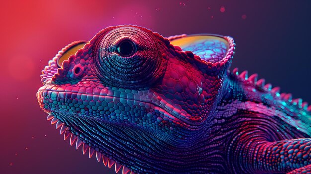 Digitales Kunstwerk eines Chamäleons in Sonnenbrille abstrakt und minimalistisch gegen ein einheitliches Farbfeld seine facettierte digitale Form ein Kontrast zwischen Natur und zeitgenössischem Stil KI Generativ