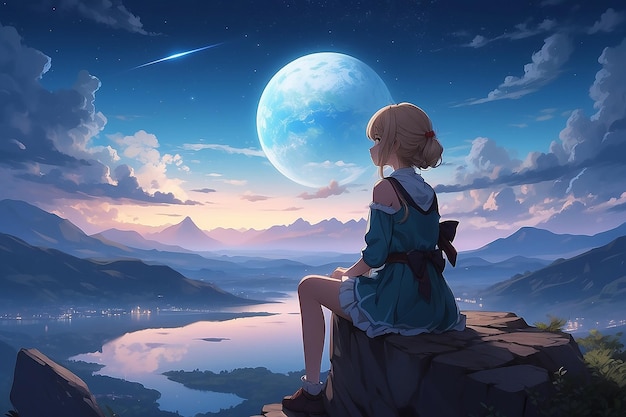 Digitales Kunstwerk eines einsamen Fantasy-Anime-Mädchens, das in den Himmel starrt