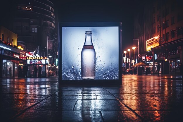 Digitales Modell einer beleuchteten Plakatwand im Stadtbild bei Nacht mit unetikettierter Flasche