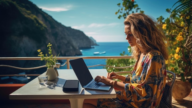 Digitales Nomadenmädchen, das im Urlaub am Strand gerne mit einem Computer-Laptop arbeitet