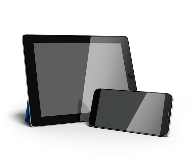 Foto digitales tablet und smartphone 3d-render isoliert auf weiß