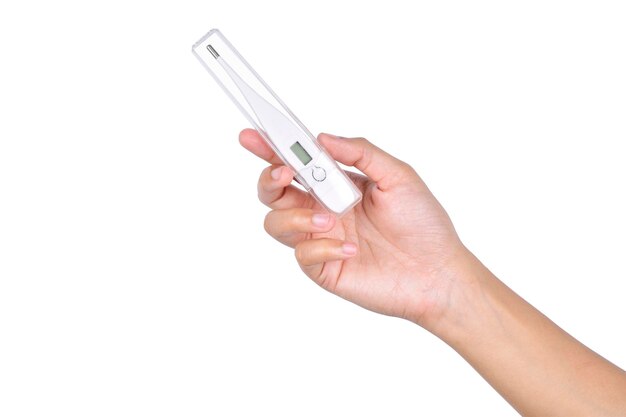 Digitales Thermometer in Kunststoffbox isoliert auf weißem Hintergrund
