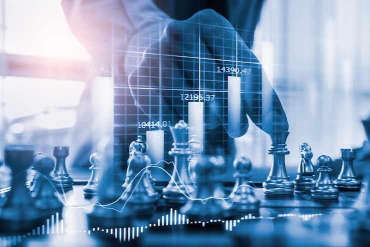Foto digitales zusammengesetztes bild eines geschäftsmannes, der schach spielt, und graphen