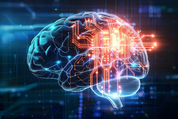 Digitalisch dargestelltes Gehirn mit komplizierten Leiterplattenmustern, die fortgeschrittene kognitive Fähigkeiten symbolisieren