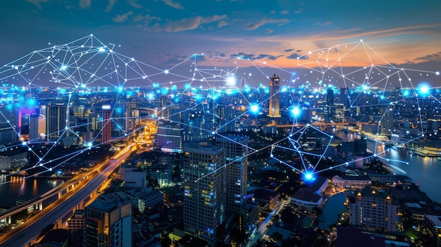 Digitalização da energia em cidades inteligentes com rede sem fio e fundo de tecnologia de conexão com a cidade abstrata de Bangkok