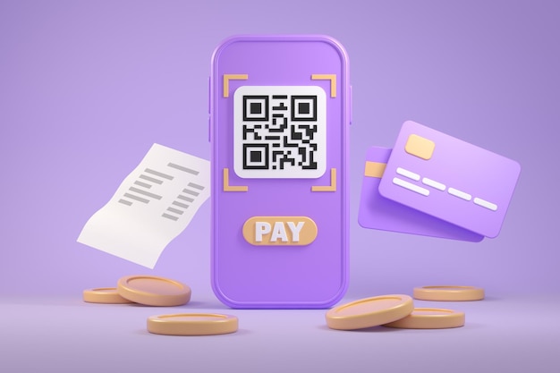 Digitalização inteligente de código qr pagamento conta cartão de crédito no aplicativo de smartphone banco on-line conceito ilustração fundos renderização em 3d