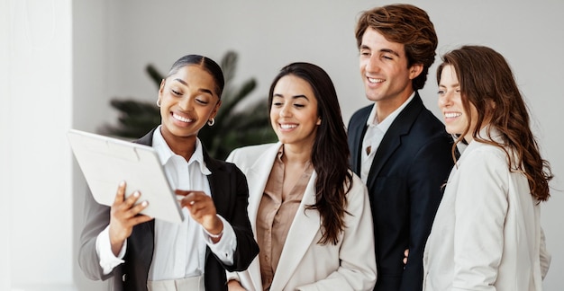 Digitalización del equipo de debates empresariales de colegas multirraciales que utilizan tabletas digitales durante la reunión