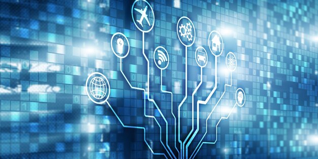 Digitalización de IOT Disrupción digital Matriz de fondo Tecnología de la información y concepto de Internet