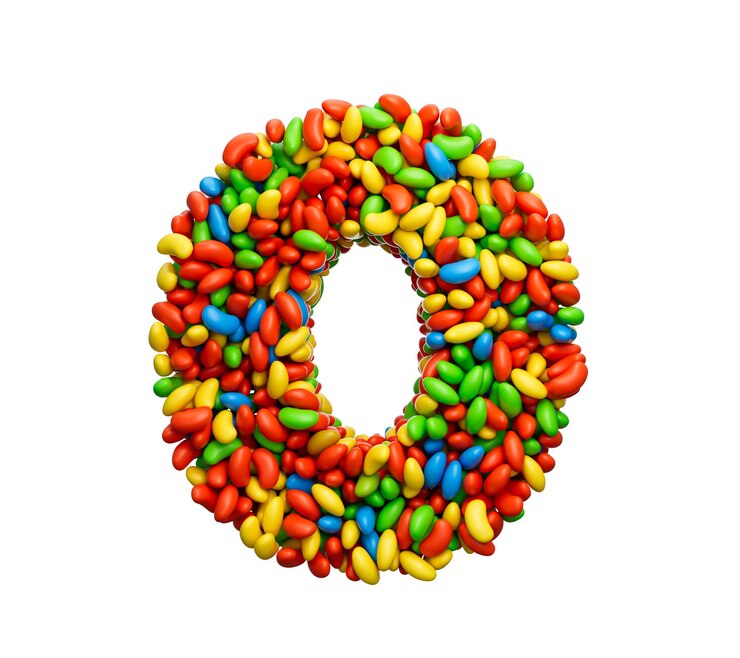 Foto dígito 0 gominolas de colores número 0 arco iris caramelos de colores gominolas ilustración 3d