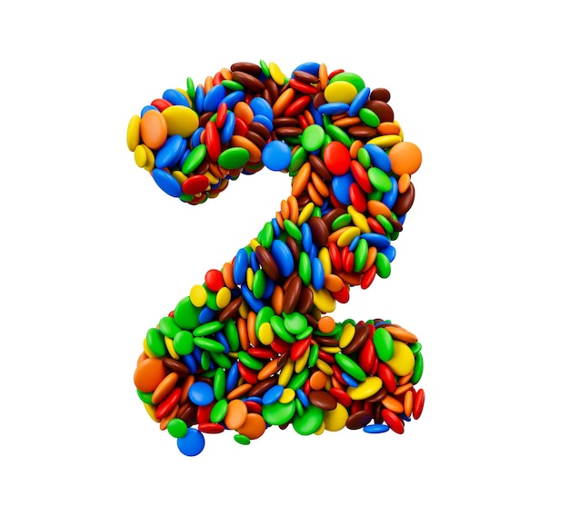 Dígito 2 de doces multicoloridos do arco-íris Fundo isolado festivo Ilustração 3d de duas letras