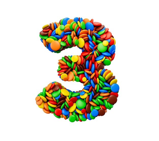 Dígito 3 de doces multicoloridos do arco-íris Fundo isolado festivo Ilustração 3d de três letras