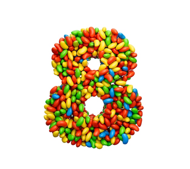 Foto dígito 8 jujubas coloridas número 8 arco-íris doces coloridos jujubas ilustração 3d