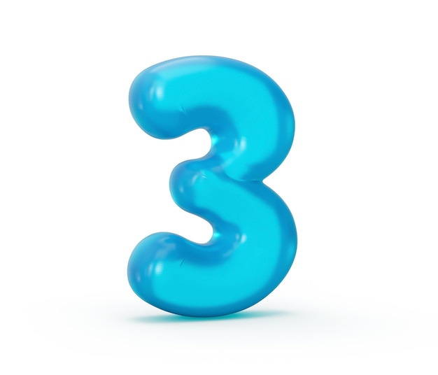 Foto dígito azul 3 três da geléia isolado no fundo branco números coloridos dos alfabetos da geléia para crianças 3d