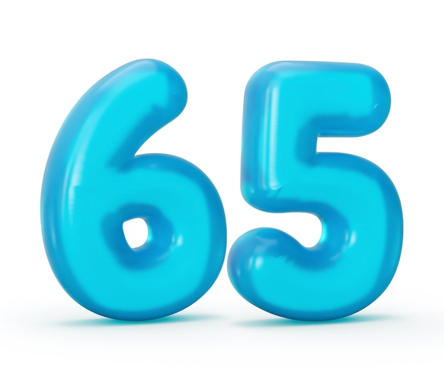 Dígito azul 65 da geléia isolado no fundo branco Números coloridos dos alfabetos da geléia para crianças 3d