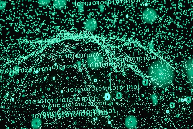 Dígito binario brillante con renderizado 3d de fondo oscuro