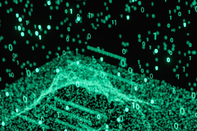 Dígito binario brillante con renderizado 3d de fondo oscuro