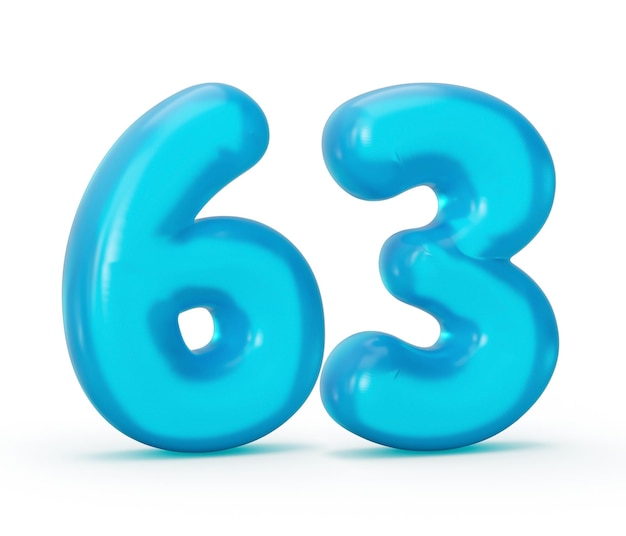 Dígito de geléia azul 63 Sessenta e três isolados em fundo branco Números de alfabetos coloridos de geléia criança